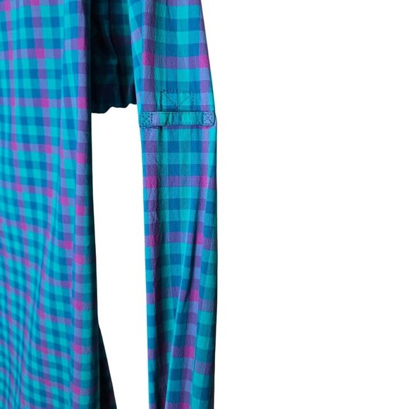 Duluth Trading Womens Large Blue Purple Plaid Button-Up Shirt Fishing Zip Pocket - Picture 7 of 13
